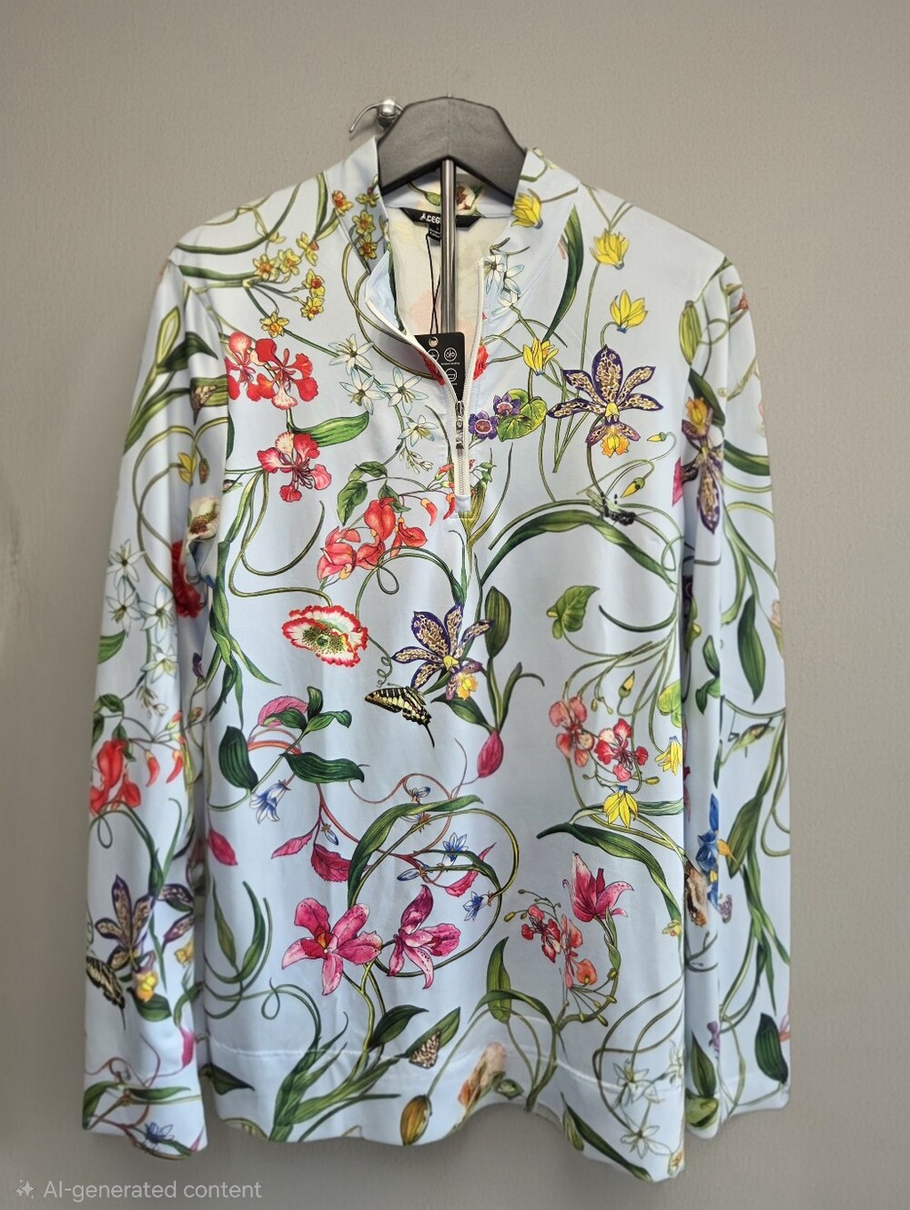 Acegolfs Pale Blue Floral Quarter-Zip Long Sleeve Top